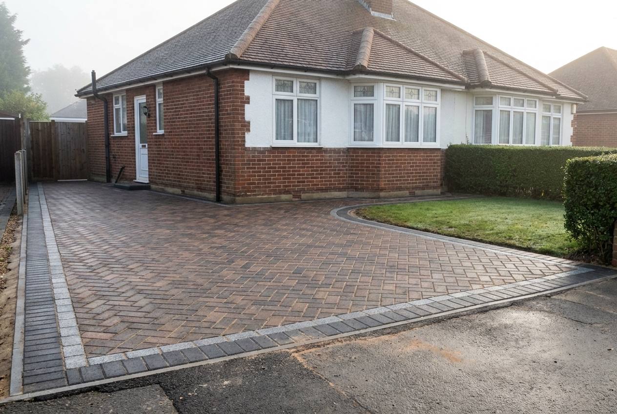 A newly laid herringbone block-paved driveway in front of a red-brick semi-detached bungalow, edged with charcoal blocks and a line of granite setts, with a dropped kerb to the road.